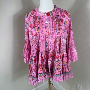Isla Bonita Tunic Top Womens M Pink Floral Boho Lace Trim Tiered Babydoll Blouse